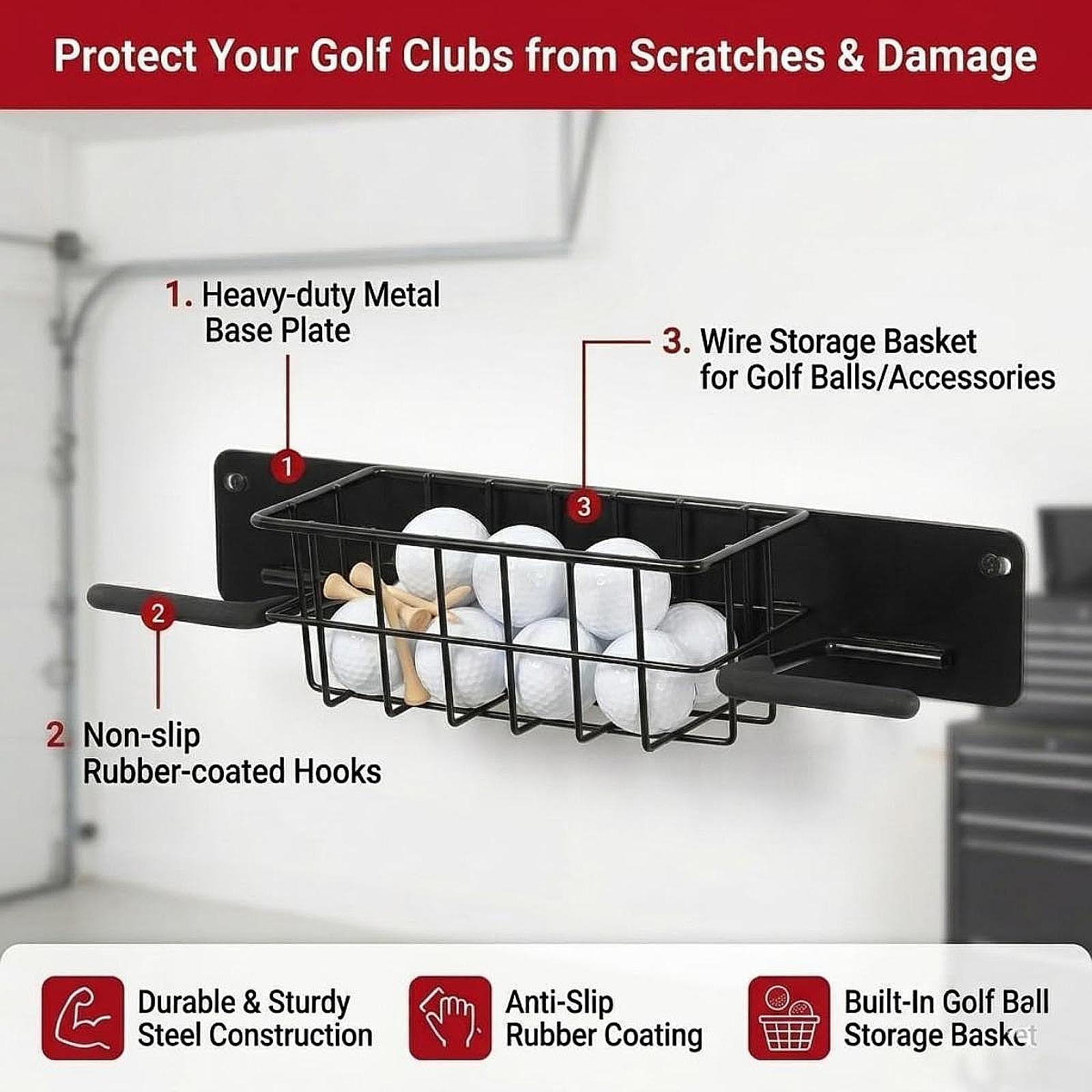 Golf Equipment Garage Storage - Metalowy wieszak ścienny na sprzęt golfowy